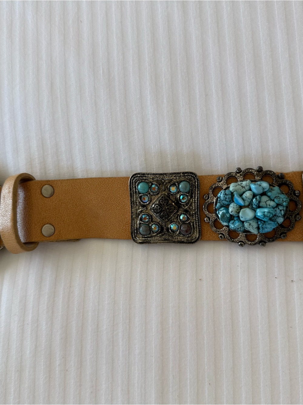 Vintage Turquoise Stone Embellished Tan Leather Belt by Leatherock - Picture 9 of 11